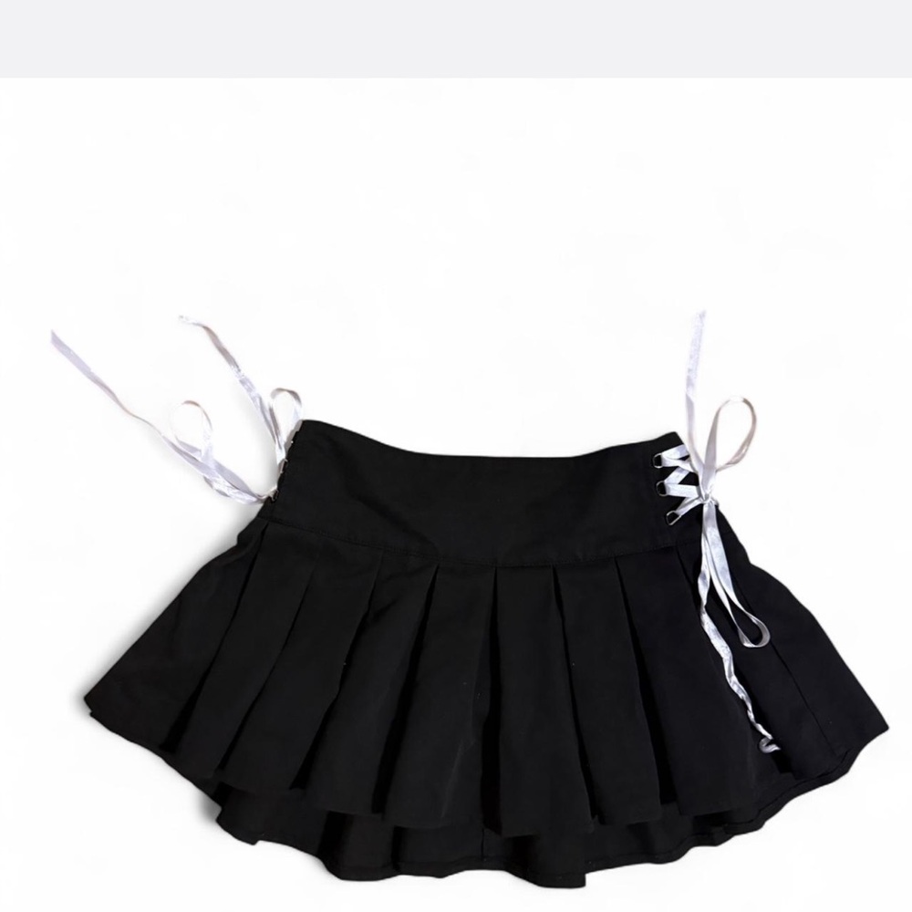 Black Pleated Skirt with White Ribbon Details
